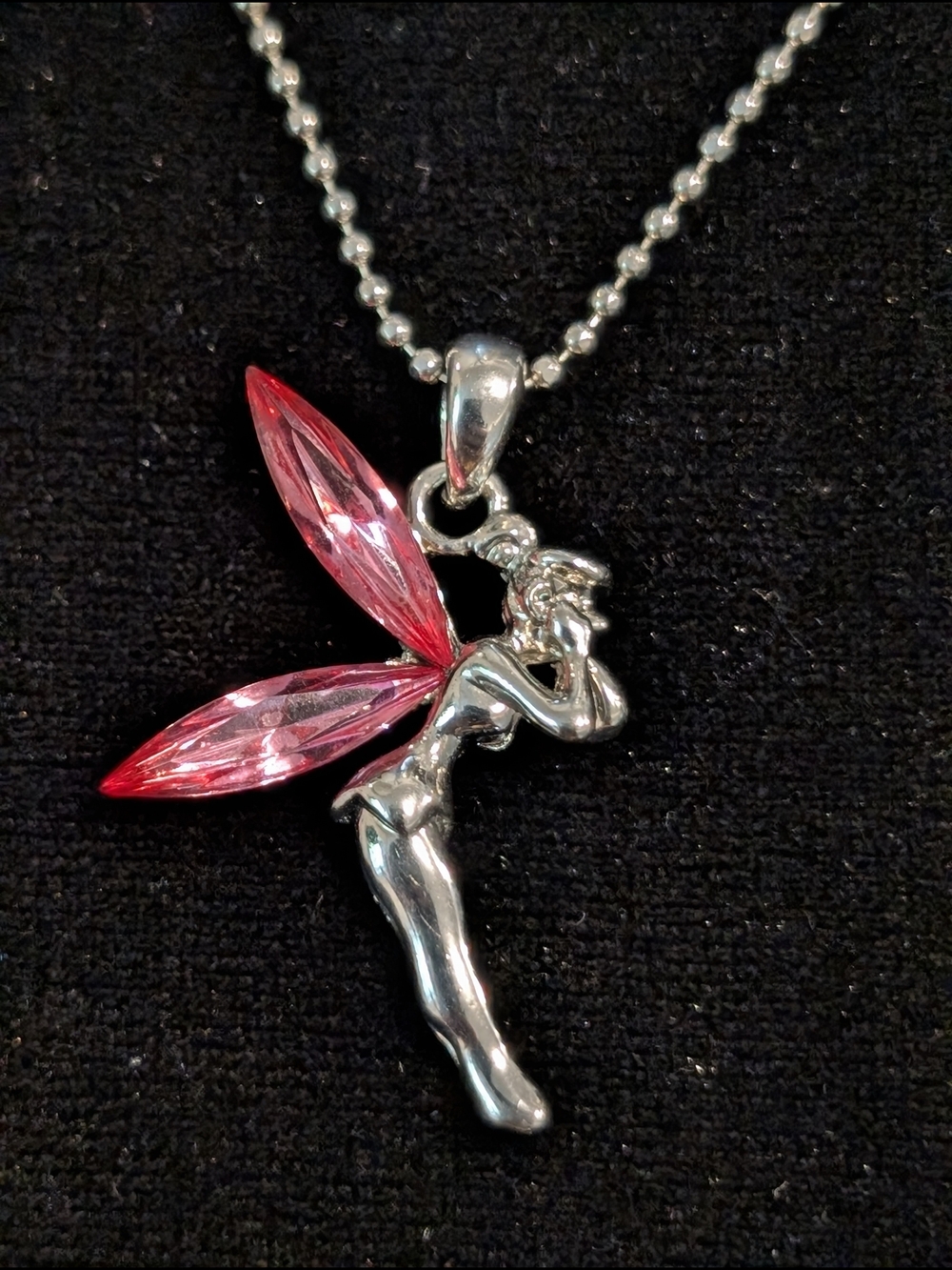 Silvertone Tinkerbell Fairy Pendant Necklace Pink Wings 19"